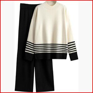 Ribbed Knit Lounge Set with Turtleneck Top and Wide Leg Pants